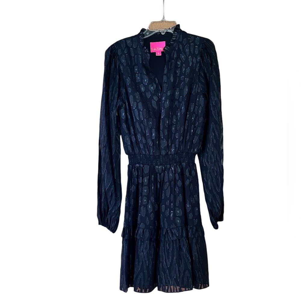 𝐋𝐢𝐥𝐥𝐲 𝐏𝐮𝐥𝐢𝐭𝐳𝐞𝐫 Black Onyx Avelynn Lilly Silk Metallic Dress Size 4 - Picture 6 of 12